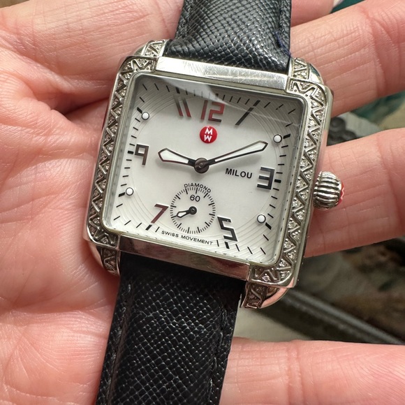 Michele Deco Diamond Watch with Black Leather Strap.
